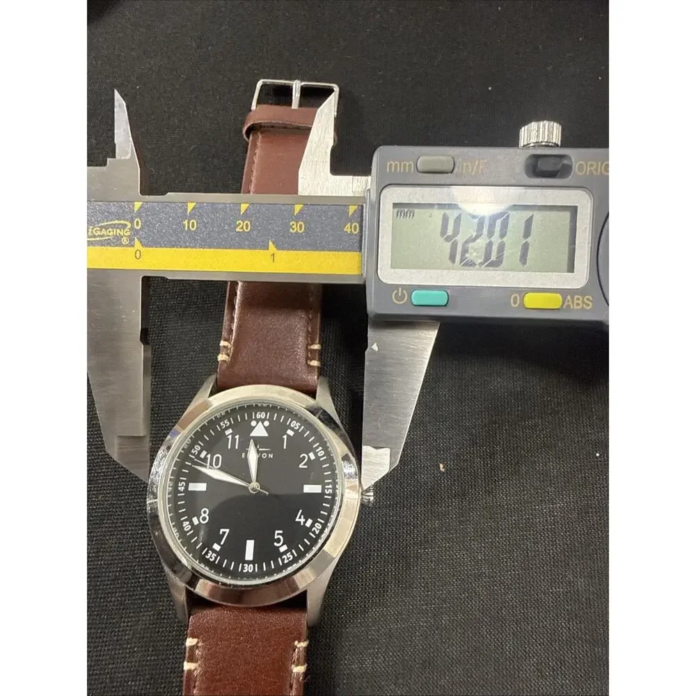 Elevon Men's Watch Black Dial 42mm Case New Band & Battery 22mm Leather (B26)